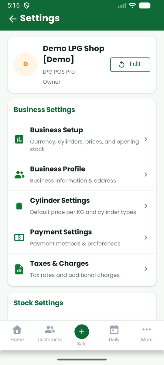 Settings screen
